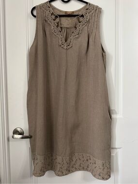 Carla Conti Linen Dress with Lace and Pockets, Taupe Light Brown Tan, Large